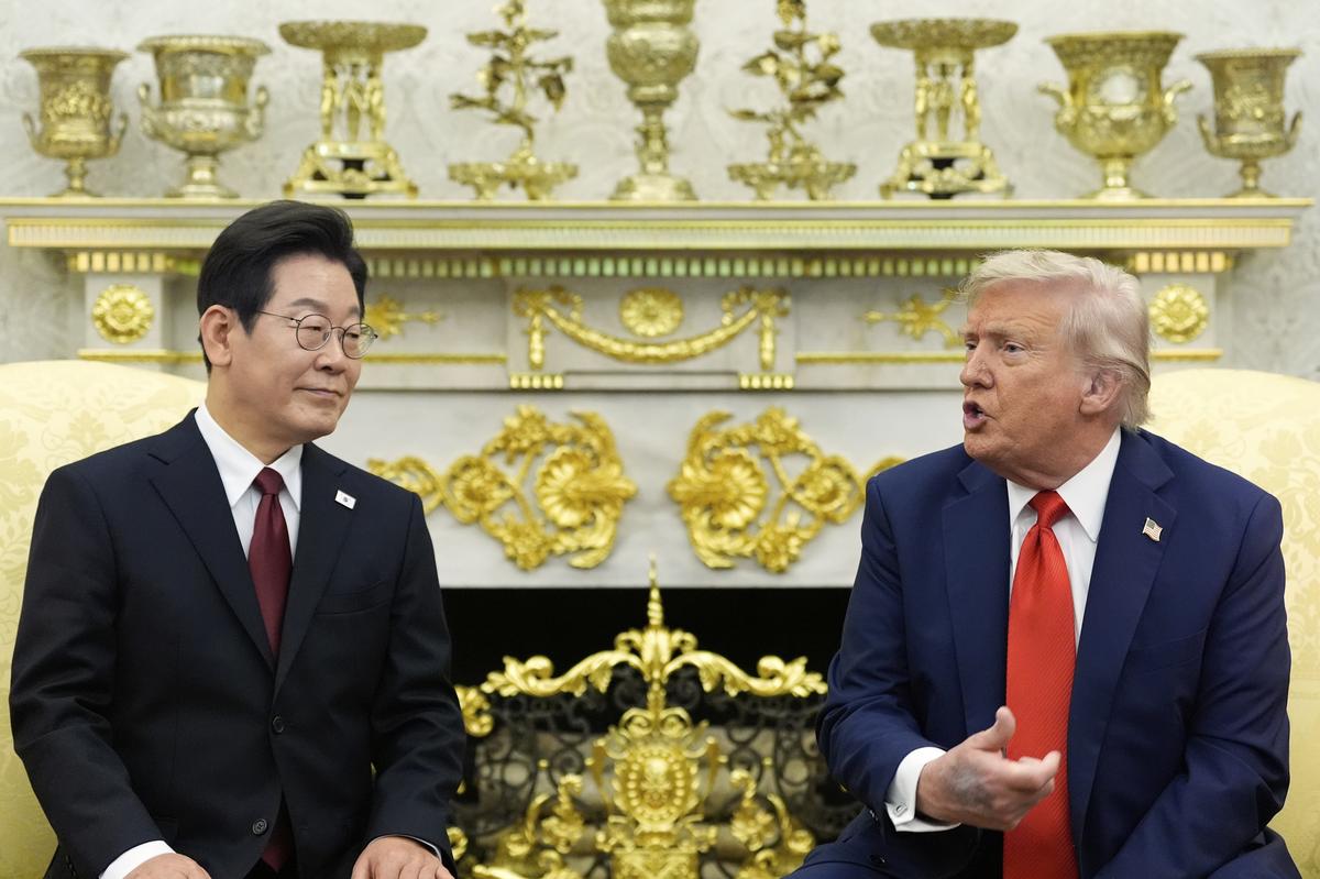 President Donald Trump, right, speaks during a meeting with South Korean President Lee Jae Myung in the Oval Office of the White House, on August 25, 2025