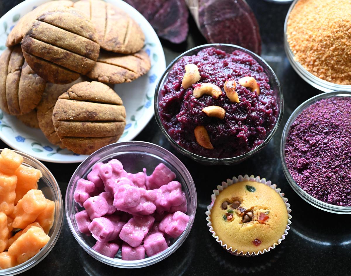 Value-added products from orange and purple fleshed sweet potato on display at  ICAR - Central Tuber Crops Research Institute, in Thiruvananthapuram