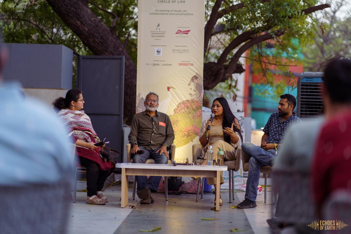 From L-R: Shreya Bhatt moderating the panel at Echoes of Earth between Chetan Agarwal, Neha Sinha, and Rohan Chakravarty 