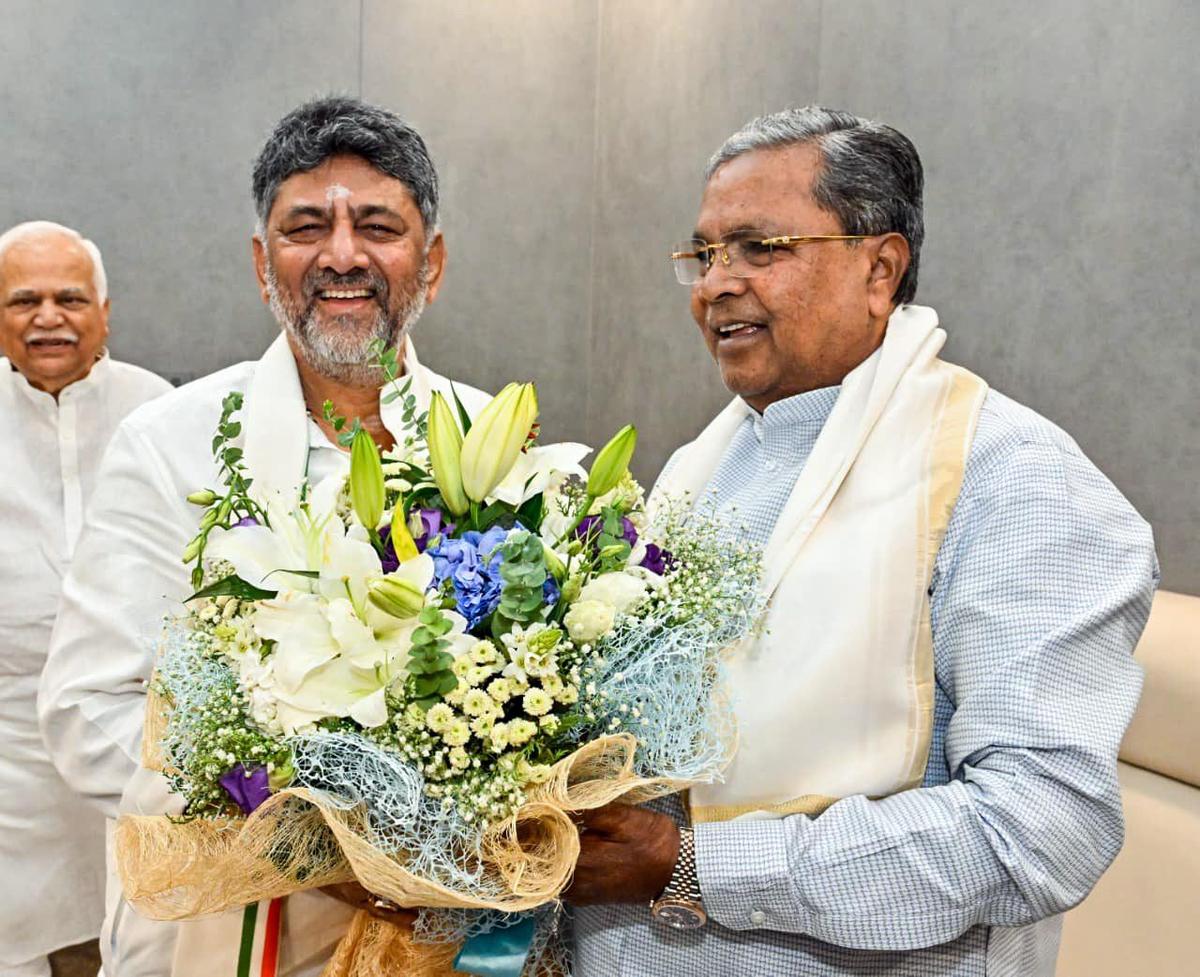 Karnataka Chief Minister-designate D. K. Shivakumar first visited Chief Minister Siddaramaiah at his official residence, ‘Cauvery’, ahead of the swearing-in ceremony, in Bengaluru on June 3, 2026.