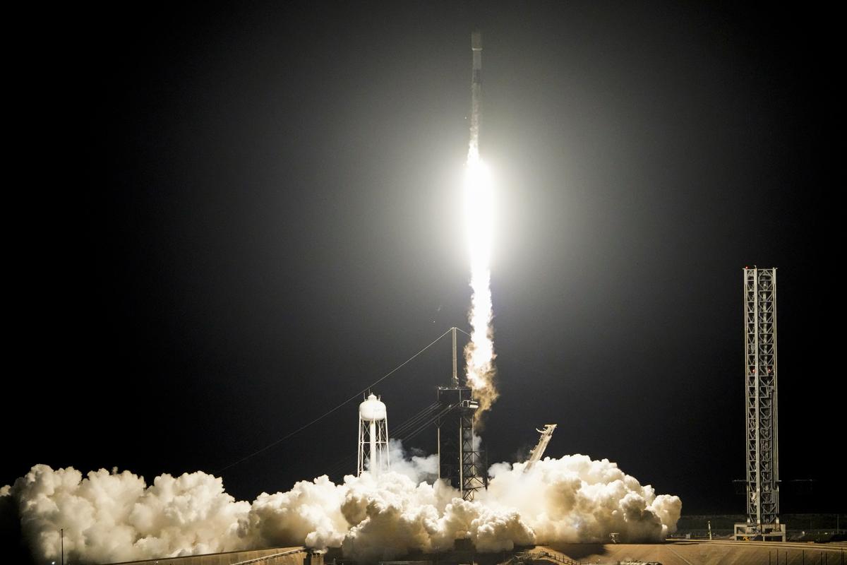 A SpaceX Falcon 9 rocket with Intuitive Machines’ second lunar lander lifts off from pad 39A at the Kennedy Space Center in Cape Canaveral, Fla. on February 26, 2025.