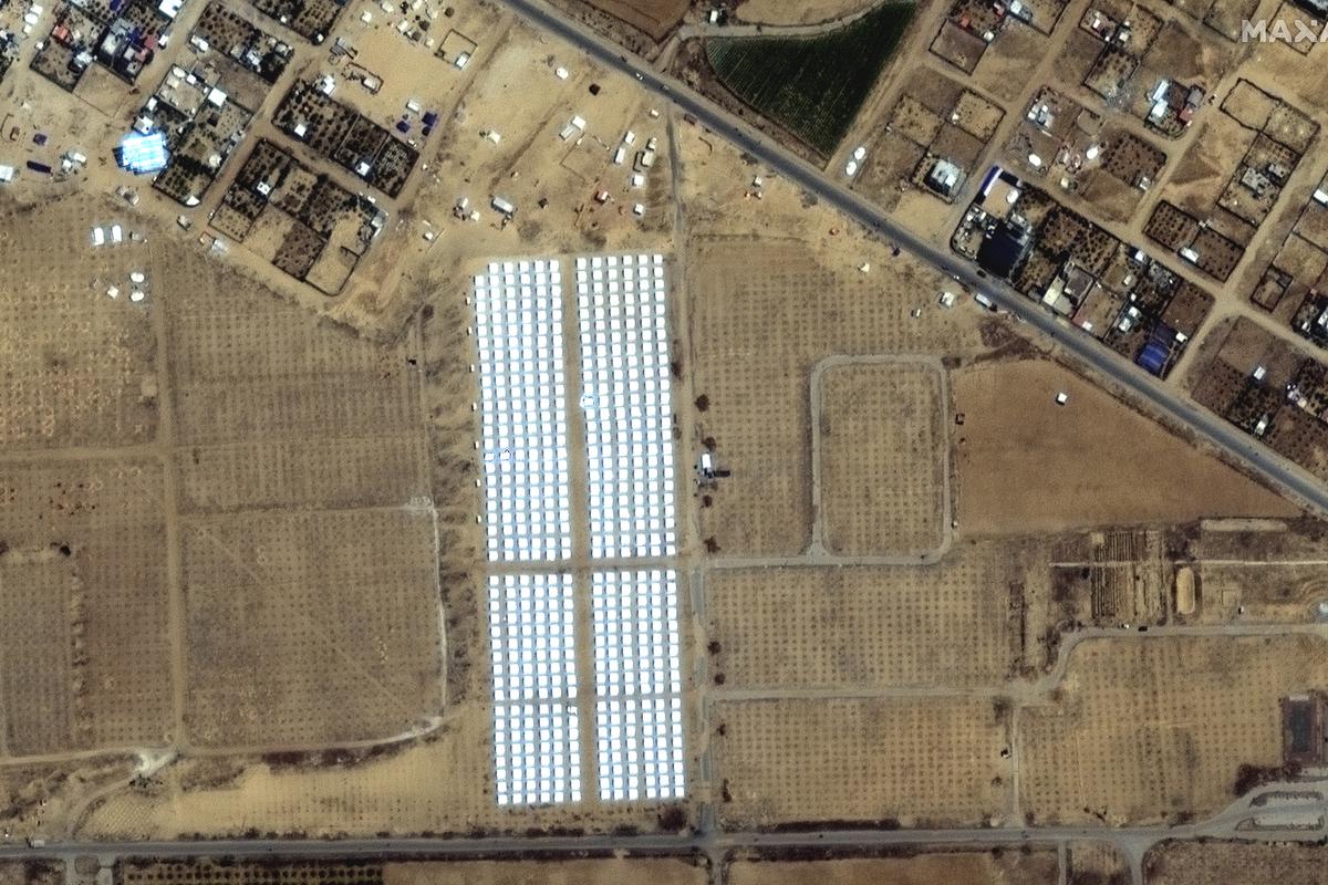 This image provided by Maxar Technologies, shows a rows of tents built near Khan Younis in Gaza on April 23, 2024. 