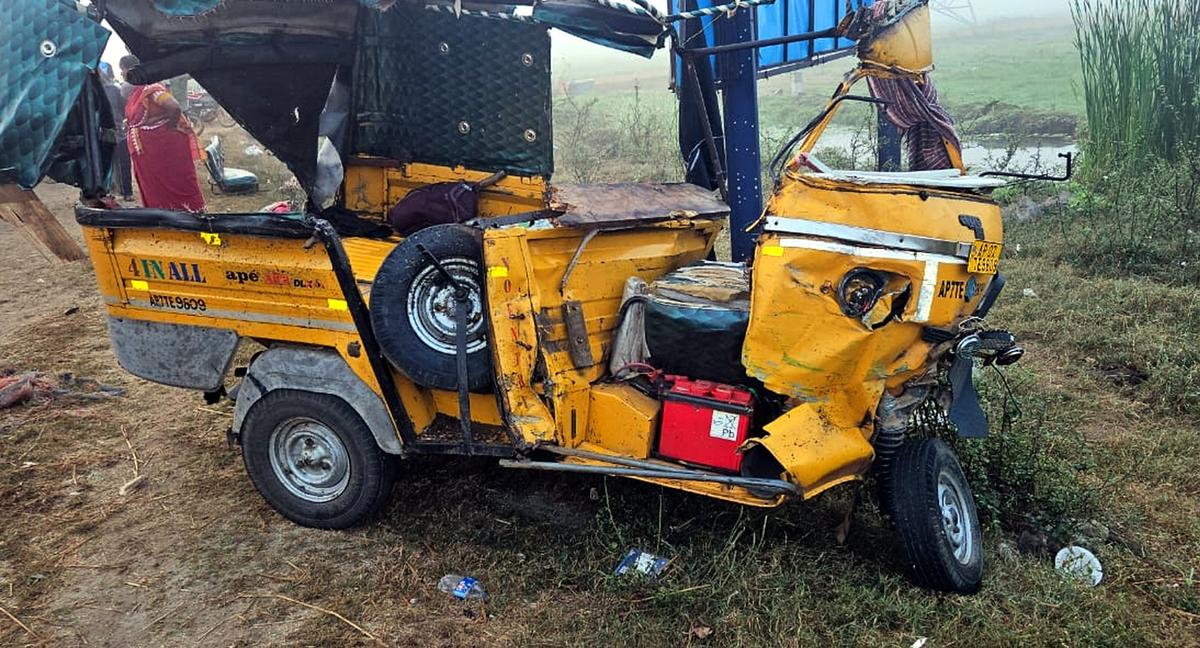 The damaged auto rickshaw. 