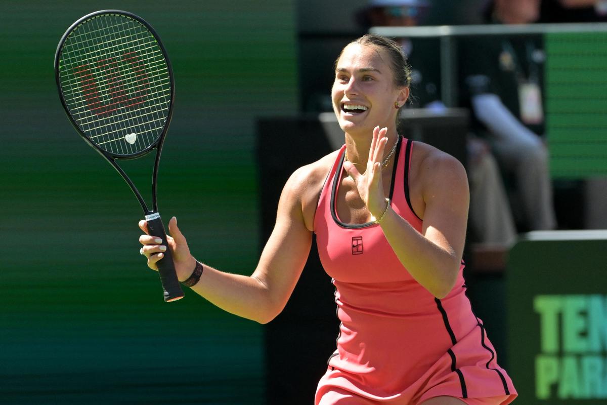 Aryna Sabalenka reacts at match point of the women’s final, defeating Elena Rybakina
