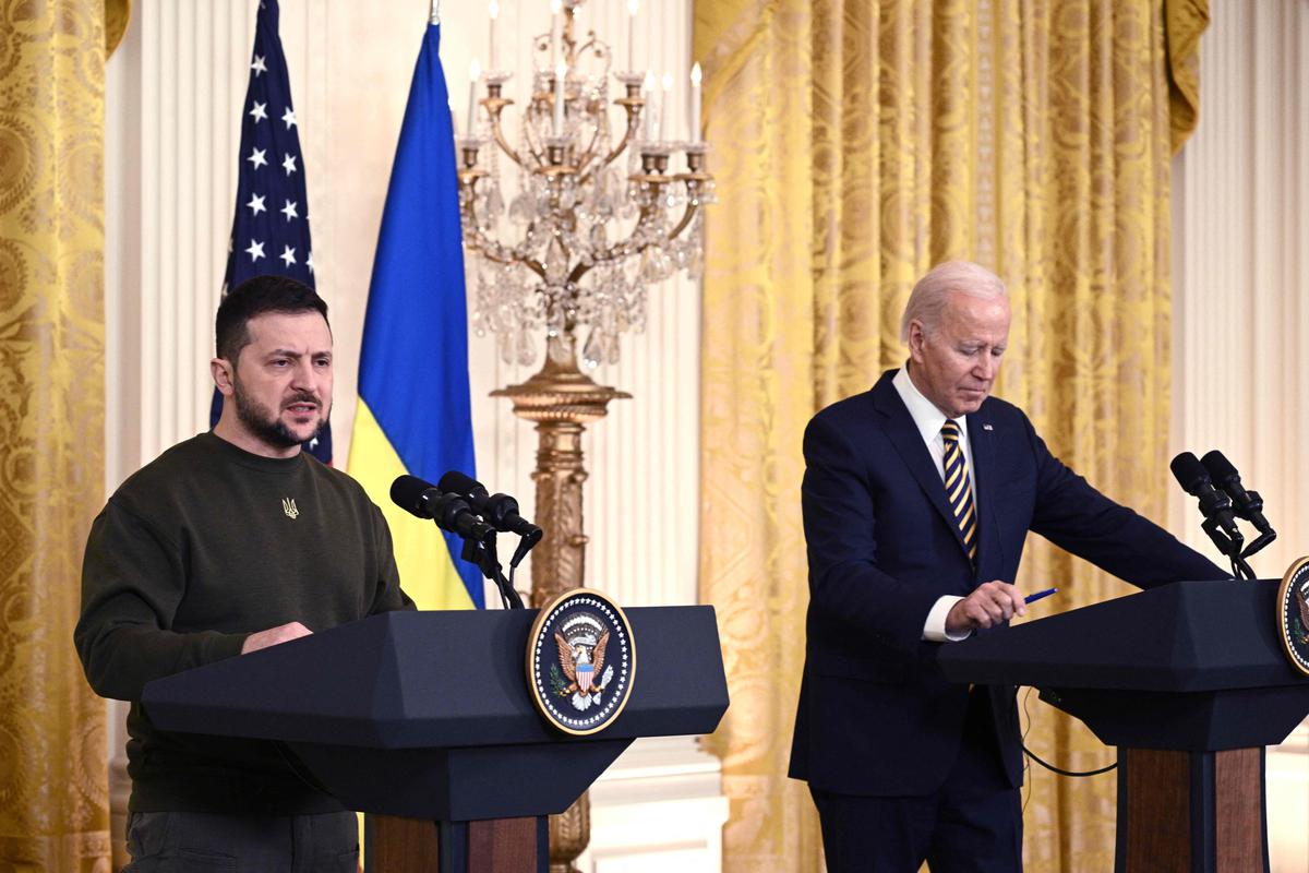 Ukraine’s President Volodymyr Zelensky holds a joint press conference with U.S. President Joe Biden in the East Room of the White House, in Washington, DC on December 21, 2022.