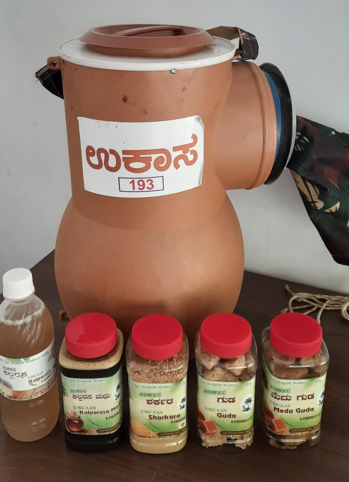 The ‘kalpa rasa’ or ‘neera’ and three value-added products made by it –sugar, jaggery, liquid jaggery – by Udupi Kalparasa Coconut and All Spices Producer Company Ltd.