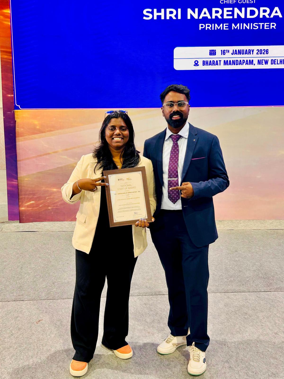 Devika Chandrasekharan and Devan Chandrasekharan, founders of Fuselage Innovations with their award at National Startup Awards 5.0