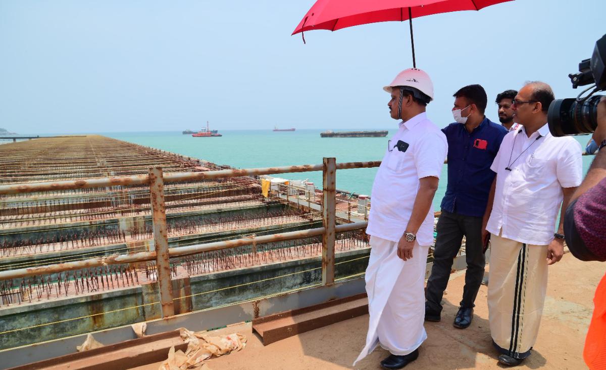 Minister for Ports Ahmed Devarkovil reviewing the constriction of Vizhinjam port