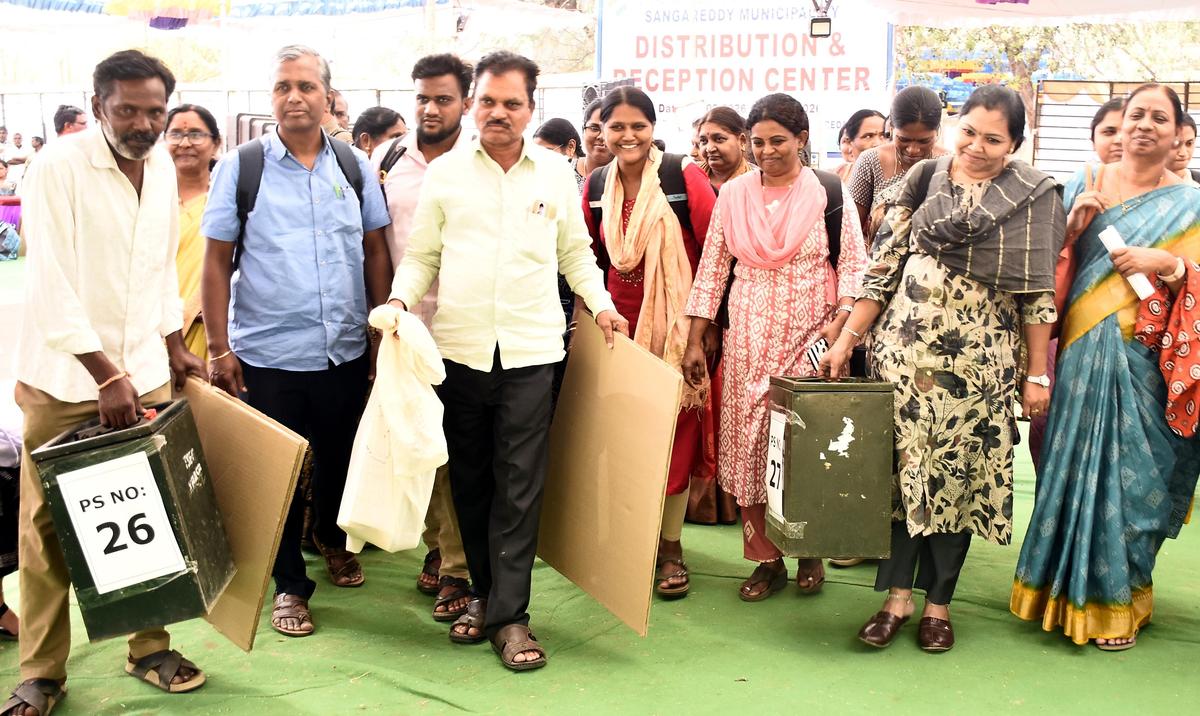 Staff on Telangana Municipal Election duty in Sangareddy on Tuesday.