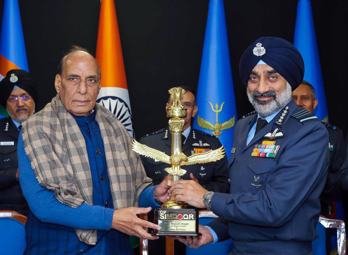 Union Defence Minister Rajnath Singh being felicitated by Air Chief Marshal AP Singh during the Indian Air Force Commanders’ Conclave at the Air Force Headquarter, in New Delhi on December 18, 2025. Photo: X/@rajnathsingh via ANI