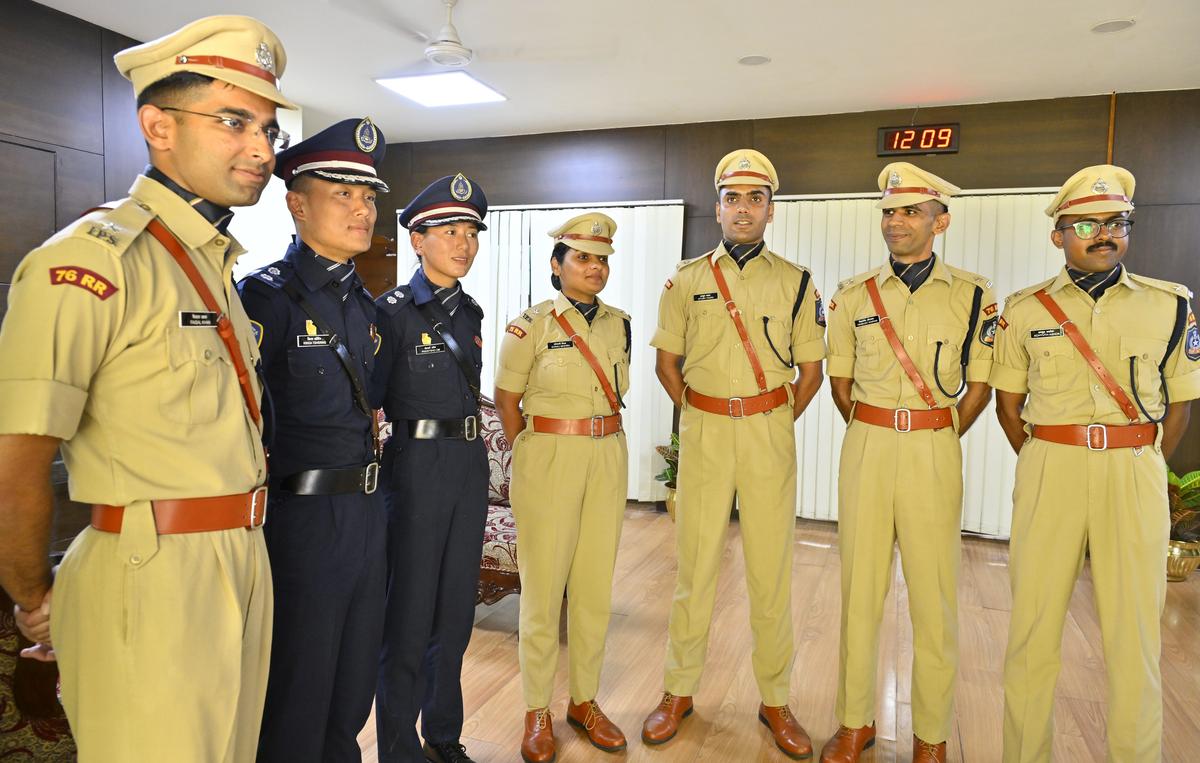 Cups and trophy winners (From left to Right): Faisal khan from Haryana (NCRB trophy for computer studies); Lt. Kinga Tshering from Bhutan (BSF trophy for proficiency in outdoor subject); Lt. Phuntsho Om from Bhutan (Director SVP NPA Trophy for Best Lady Probationer in Outdoor Training); Sonali Mishra from Uttar Pradesh (Manipur Cup for Law); Ayush Yadav from the Haryana cadre (Tonk Cup for Equitation); Vishwajeet Souryan from the Uttar Pradesh cadre (IPS Association’s Sword of Honour) and Achyuth Ashok from Kerala (NFSU trophy) during a media conference held at The Sardar Vallabhbhai Patel National Police Academy (SVPNPA) in Hyderabad on Wednesday (September 18, 2024) 