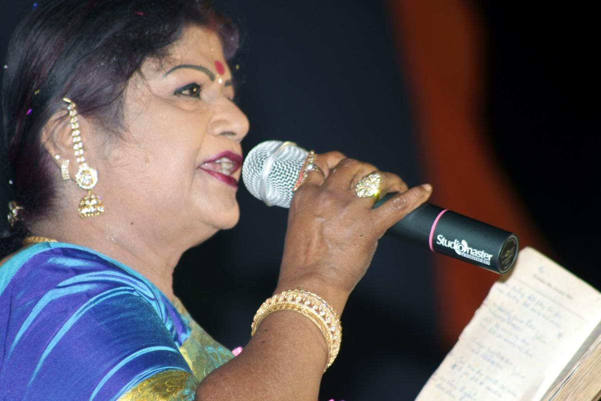 Singer L.R Eswari regales the audience at a musical nite held in Guntur on Sunday.-T. Vijaya Kumar
