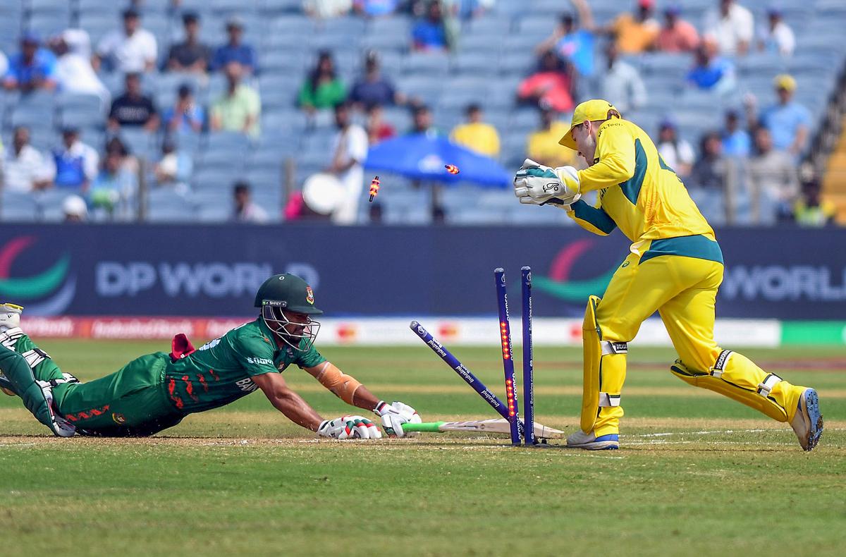 Bangladesh’s skipper Najmul Hossain Shanto gets run out by Australia’s Josh Inglis during their match in the ICC Men’s Cricket World Cup 2023, at Maharashtra Cricket Association Stadium, in Pune on Saturday, November 11, 2023.