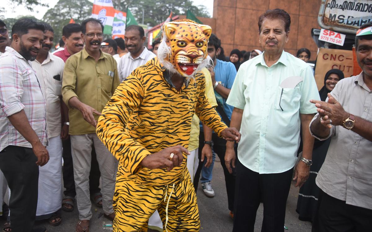 Political campaigning for the local body polls gains momentum in Kozhikode, with a man in a Pulikkali costume joining a Congress demonstration on November 15.