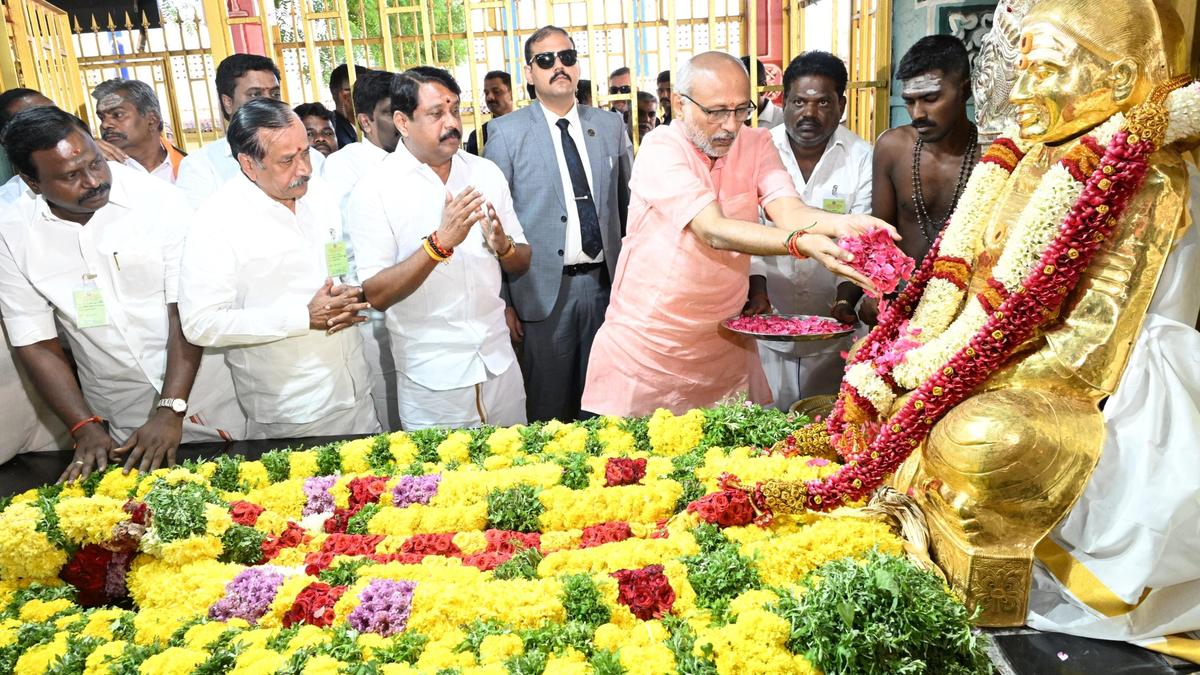 Vice-President C.P. Radhakrishnan pays tributes at Thevar’s memorial in Pasumpon