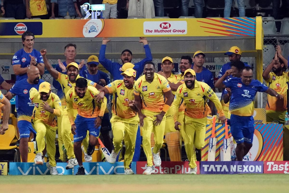 Chennai Super Kings players celebrate their team’s victory over Sunrisers Hyderabad in the Vivo Indian Premier League (IPL) 2018 Twenty20 Championship final at the Wankhede Stadium in Mumbai, Maharashtra, on May 27, 2018. Chennai Super Kings beat Sunrisers Hyderabad by eight wickets to lift the trophy.