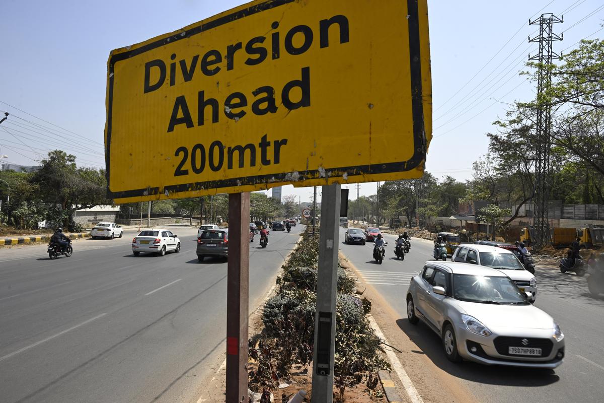 A diversion ahead board at the IIIT junction.
