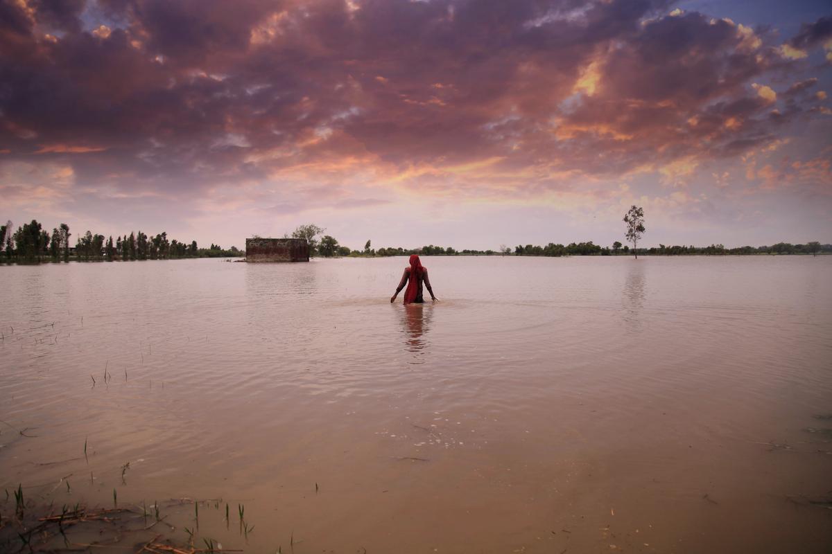 A lone woman farmer standing in her flooded fields.
