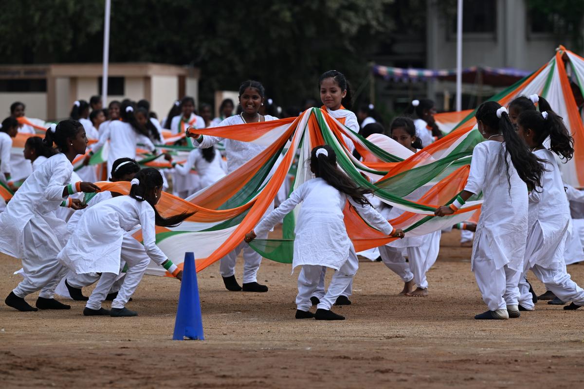 Students performing the cultural programme during the 78th Independence Day celebrations at Mahatma Gandhi Stadium in Salem on Thursday.