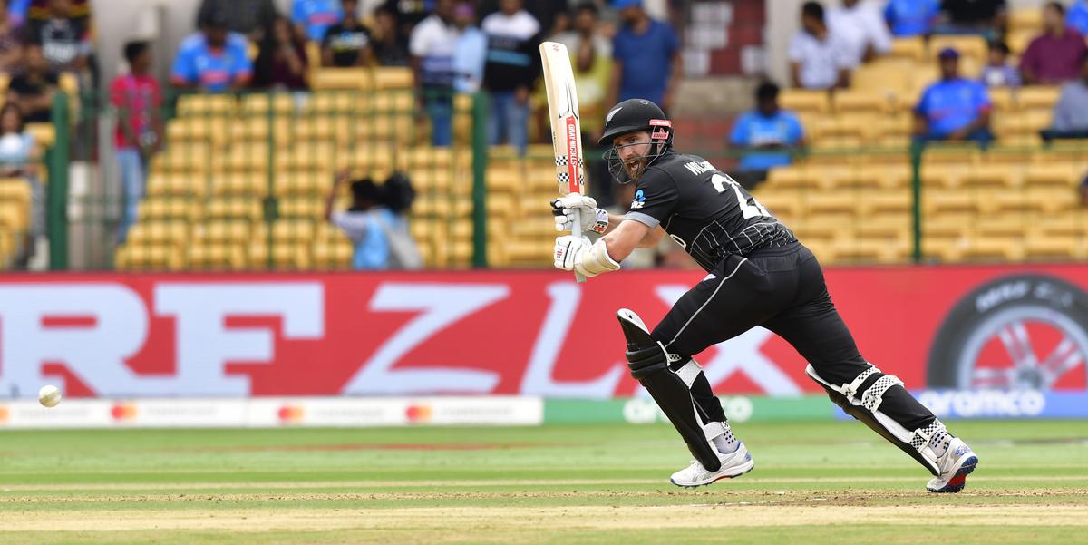 New Zealand’s captain Kane Williamson plays a shot during the ICC Men’s Cricket World Cup 2023 match between Pakistan and New Zealand.