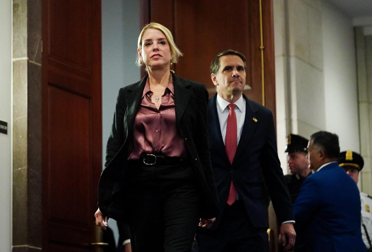 U.S. Attorney General Pam Bondi and Deputy Attorney General Todd Blanche depart following a closed-door briefing for members of the House Oversight and Government Reform Committee