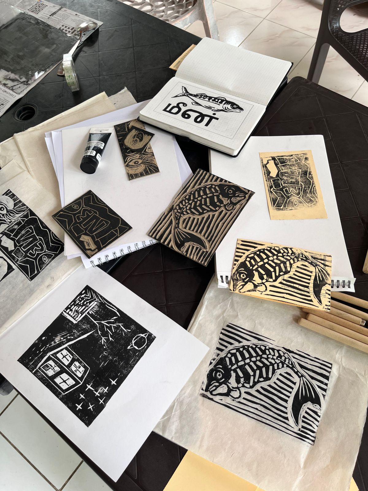 A linocut printing workshop by artists Padma Shree and Aparna A linocut printing workshop by artists Padma Shree and Aparna