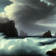 an ethereal landscape with storm clouds and an ocean lashing cliffs perfect composition beautiful 715054072