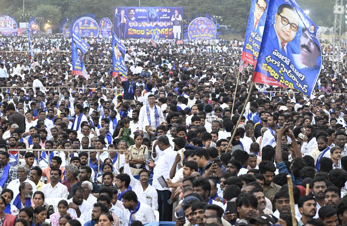 Hyderabad, Telangana, 01/12/2024: The Mala community, which is opposing the categorisation of the Scheduled Caste reservations, is organising a public meeting in Hyderabad to show its strength. The community leaders say they are the second largest caste community in Telangana and their interests cannot be ignored, at Parade Grounds in Secunderabad on Sunday, December 1, 2024. Photo: RAMAKRISHNA G/The Hindu