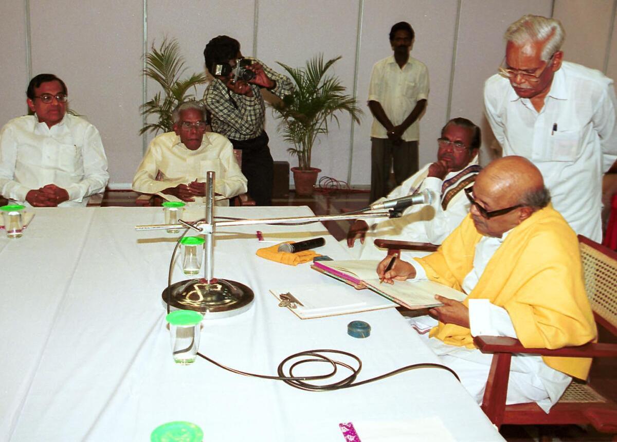 DMK president Mr. M. Karunanidhi conferring with leaders of allies in the state NDA at its first post-election meeting held in Chennai on Friday. Seated (from right) are the BJP President Dr. S. P. Kirubanidhi, the MGR Kazhagam leader Mr. R.M. Veerappan, and the TMC democratic forum founder Mr. P Chidambaram.