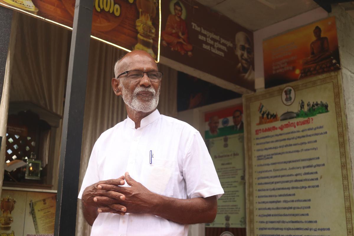 Sivadasan Pillai at the temple he built near Kudappanakkunnu in Thiruvananthapuram, Kerala, to venerate the Indian Constitution