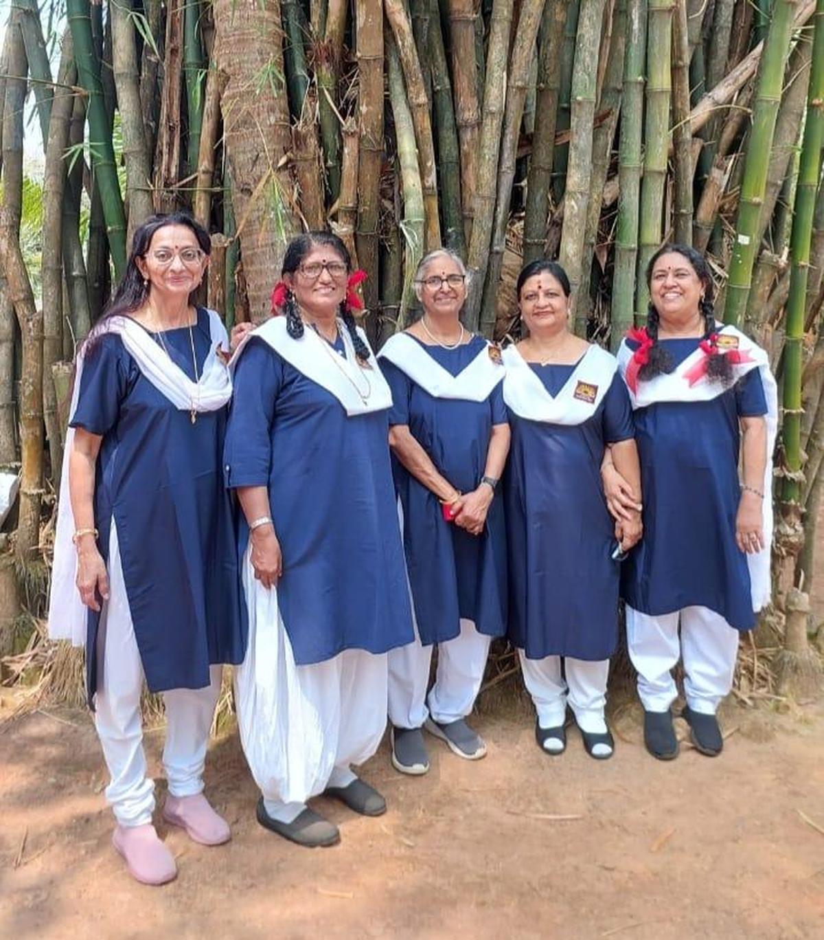 (From left) Ushadevi Muraleedharan, Daisy John, Beena Kurup, Rema PS and Nirmala P in their school uniforms at the get-together