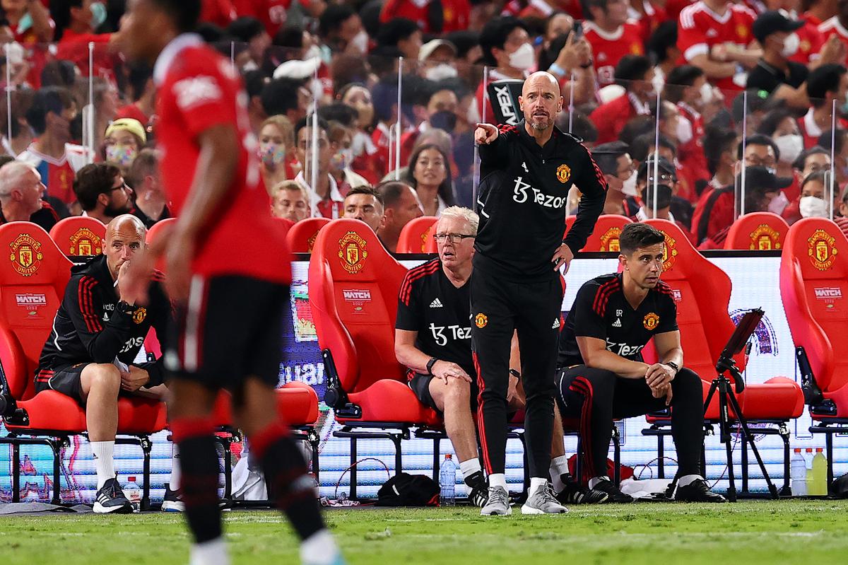 Manager Erik ten Hag of Manchester United calls for a play during the first half of a preseason friendly match against Liverpool at Rajamangala National Stadium in Bangkok, Thailand