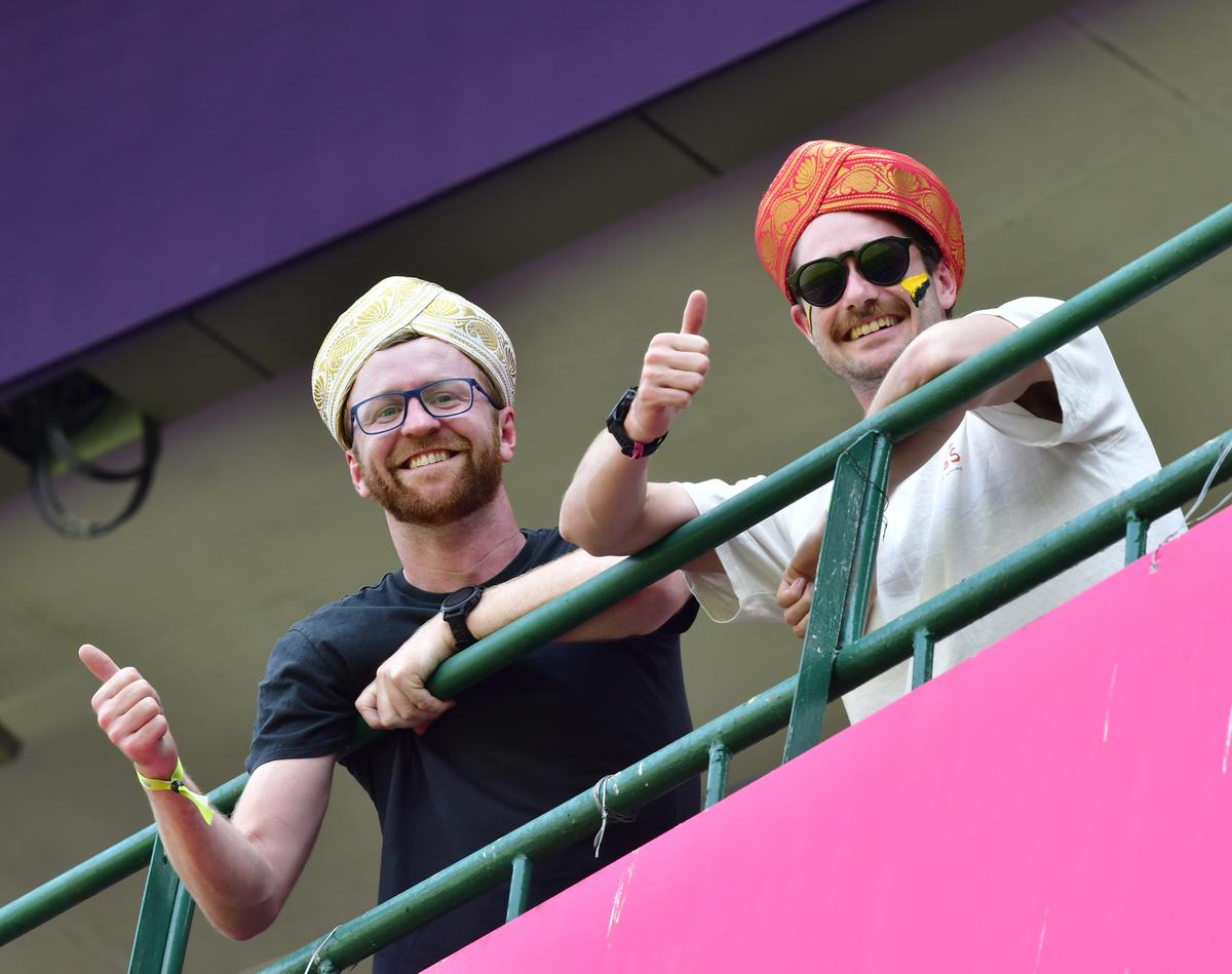 International cricket fans, during the 2023 ICC Men’s Cricket World Cup one-day international (ODI) match between Australia and Pakistan, at M. Chinnaswamy Stadium, in Bengaluru on October 20, 2023. 