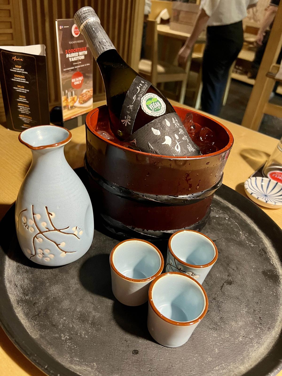 Sake served in traditional stoneware