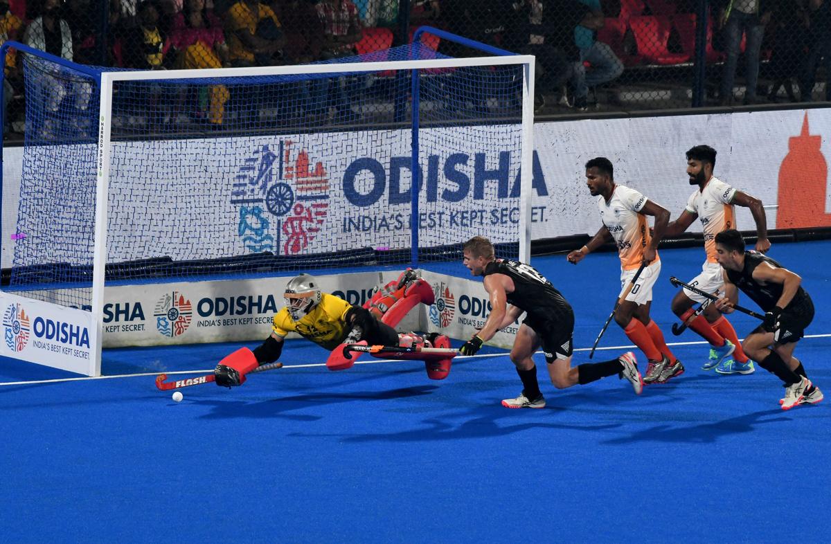 Krishna Pathak pulls off a save against New Zealand in the 2023 World Cup. Krishna Pathak pulls off a save against New Zealand in the 2023 World Cup.
