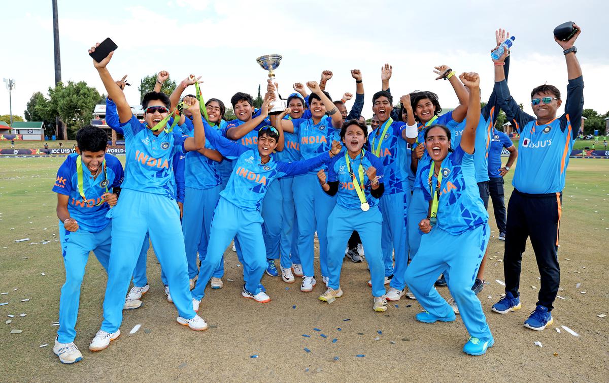 Shafali Verma of India lifts the ICC Women’s U19 T20 World Cup Trophy  following the final match between India and England at JB Marks Oval on January 29, 2023 in Potchefstroom, South Africa. 