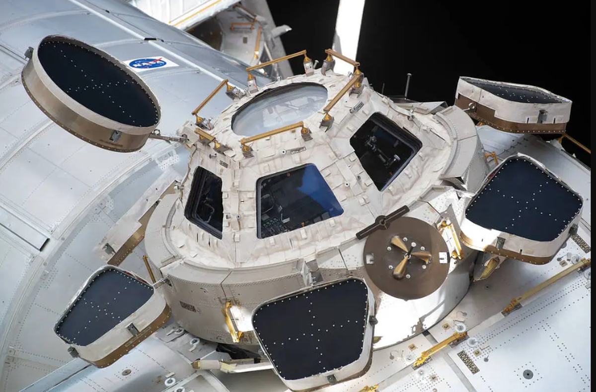 The International Space Station’s “window to the world” is pictured from the Nauka Multipurpose Laboratory Module.