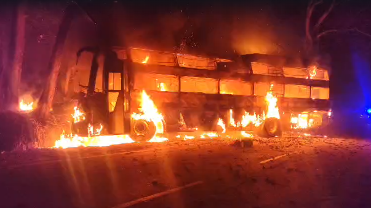 Private sleeper bus catches fire near Hosanagara in Karnataka