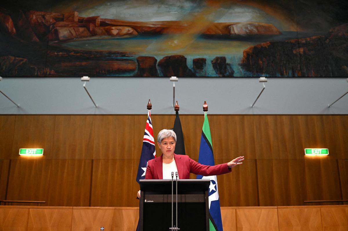 Australian Foreign Minister Penny Wong speaks to the media after holding a bilateral meeting with Chinese Foreign Minister Wang Yi at Parliament House, in Canberra, Australia, March 20, 2024. Credit: AAP via REUTERS 
