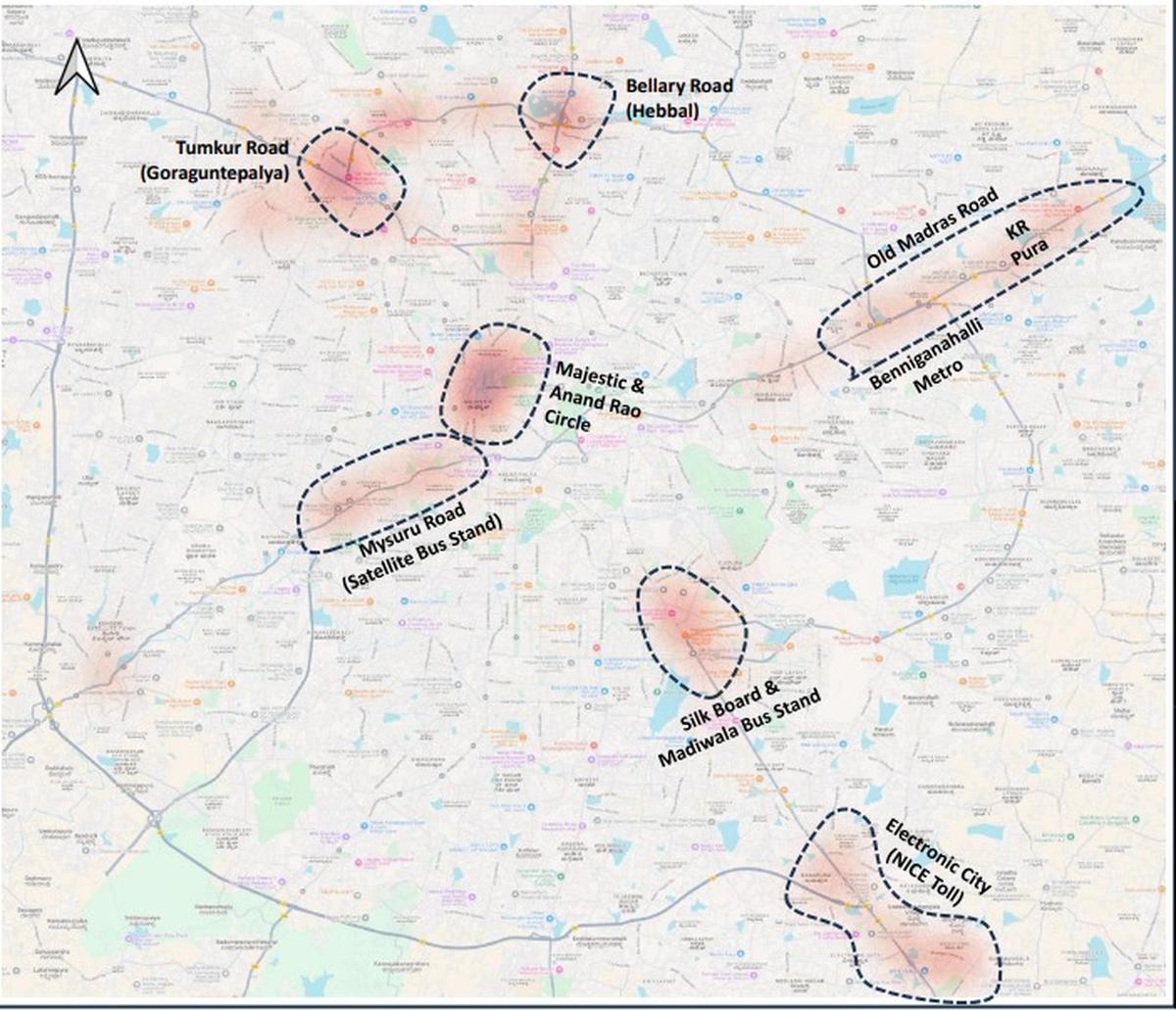 A map of Bengaluru showing the six potential congestion hotspotsi identified by the traffic police. A map of Bengaluru showing the six potential congestion hotspotsi identified by the traffic police.