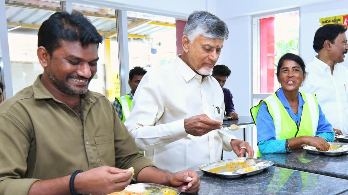 Chandrababu Naidu has breakfast with workers at Vijayawada Anna Canteen on 76th birthday