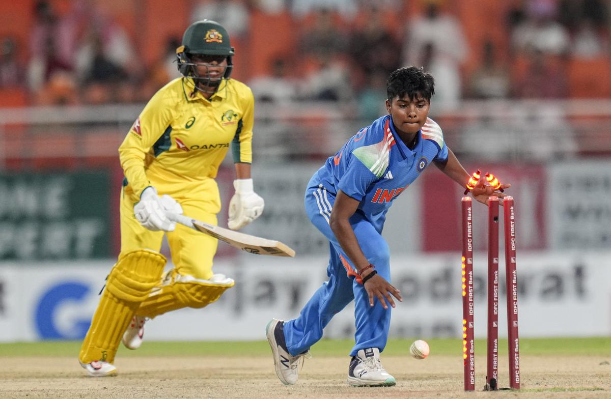 India’s Kranti Goud in action during an ODI match between India and Australia in New Chandigarh on September 17, 2025.