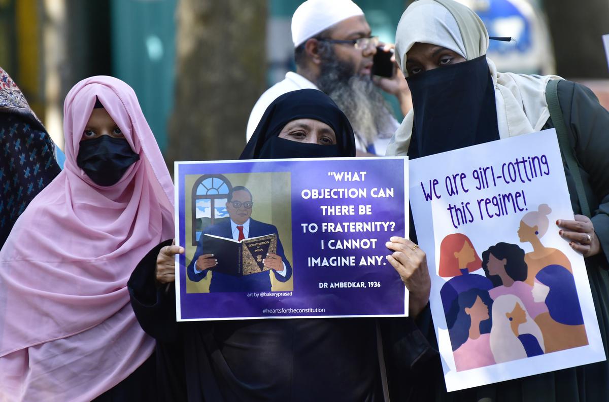 Pro-Hijab supporters in solidarity with Muslim women, taking out a rally in Bengaluru on February 26, 2022. 