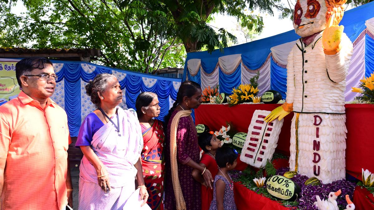 Fruit and vegetable carvings to create awareness among voters draws huge crowd in Dindigul