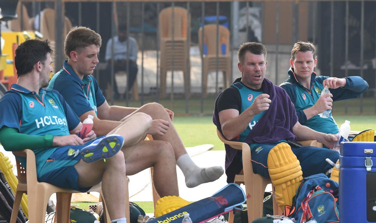 Australian players are seen during a practice session ahead of their game against India in Chennai.