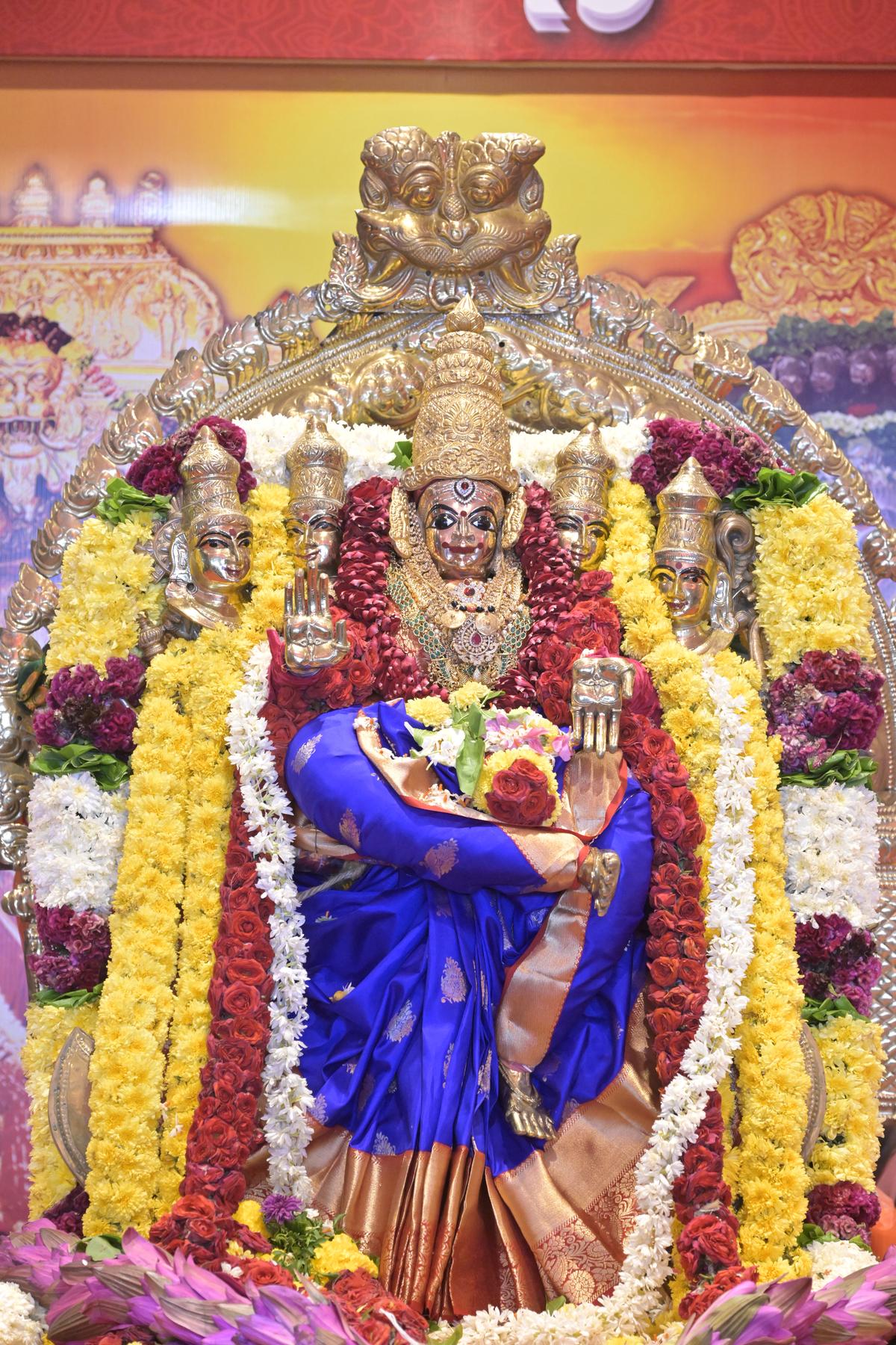 Goddess Kanaka Durga in Gayatri Devi alankaram atop Indrakeeladri on the second day of Dasara festival on Friday.