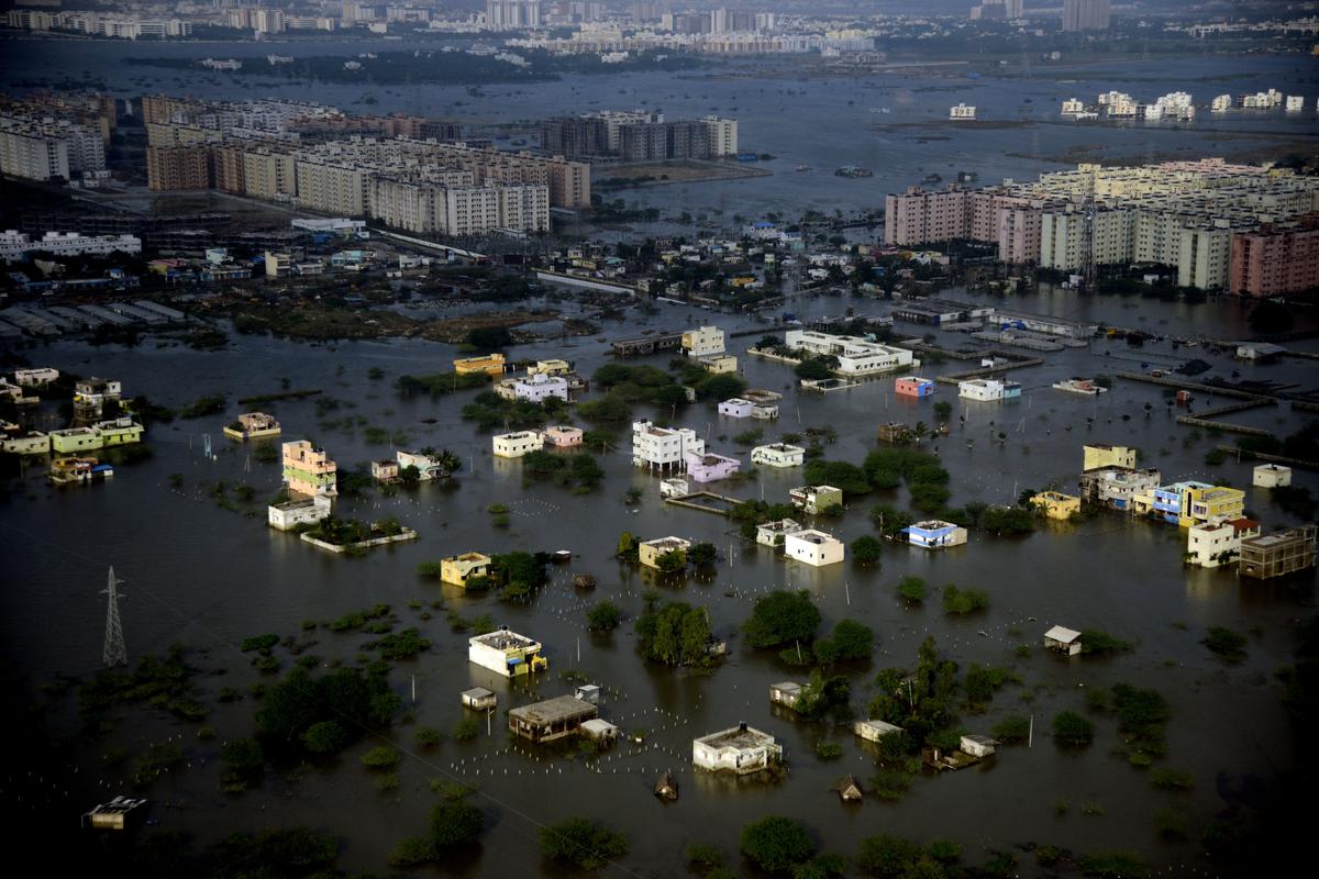 An aerial view of marooned Manapakkam in Chennai on December 7, 2015. 