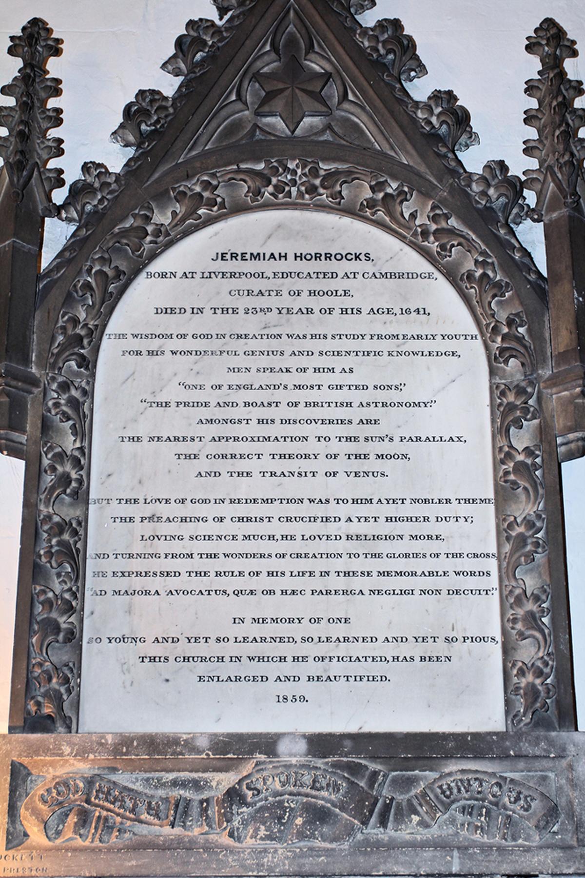 Memorial to Jeremiah Horrocks at a church in Hoole. The inscription talks about his life and his achievements.