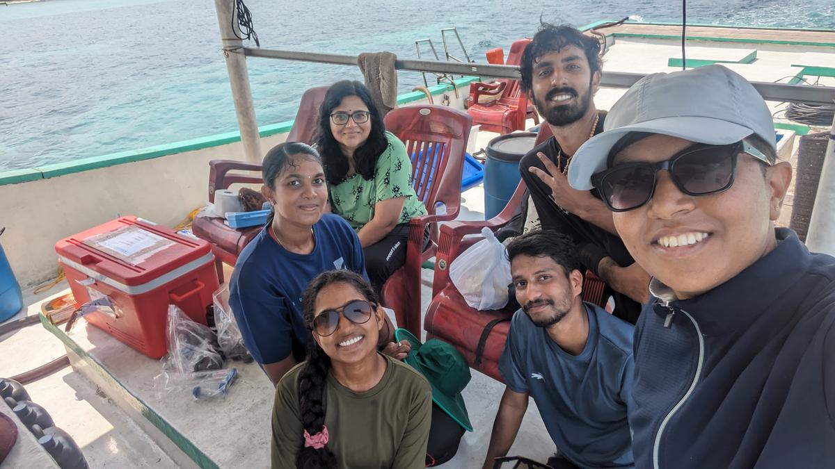 Researchers of the Kerala University of Fisheries and Ocean Studies on board a fishing vessel during a field trip in the  Lakshadweep waters.  