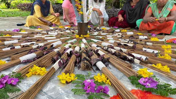 A ‘choolapookkalam’ by visually challenged women for Onam